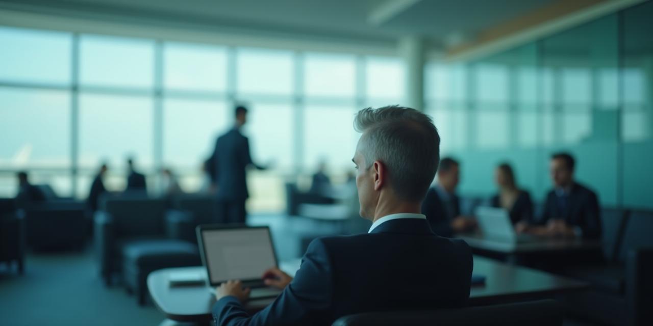 Business traveler viewing itinerary on laptop in modern airport lounge