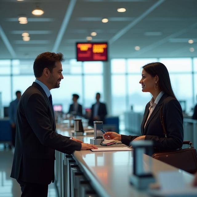 Atlas agent assisting traveler at airport check-in counter