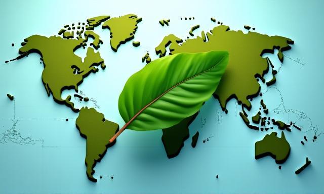 Green leaf overlaying world map symbolizing sustainable travel
